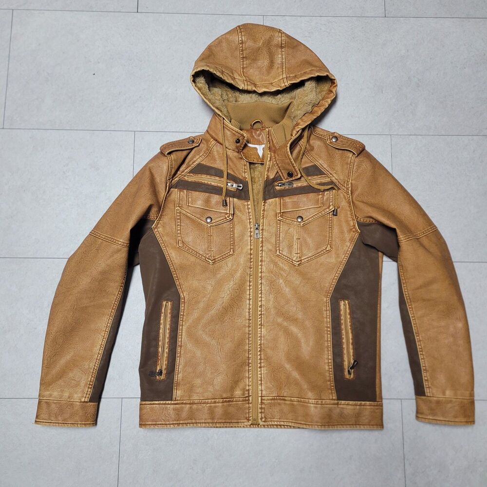 Mens Motorcyle Jacket Tan Brown Faux Leather Full Zip Jacket Hooded Size M